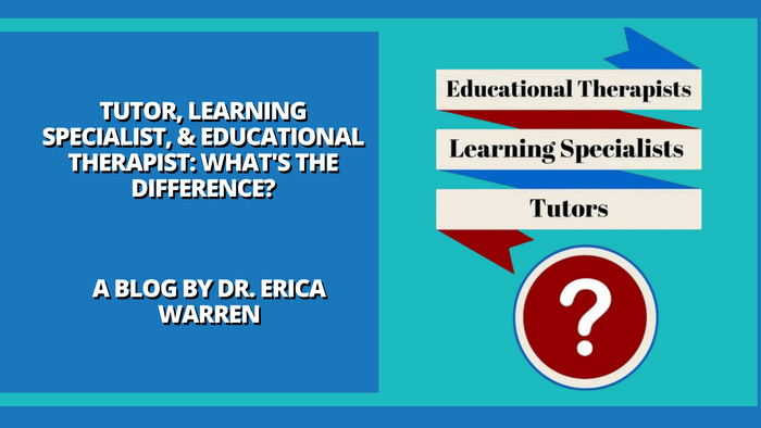 Comparison chart between educational therapists, learning specialists, and tutors with a question mark icon on a blue and green background.