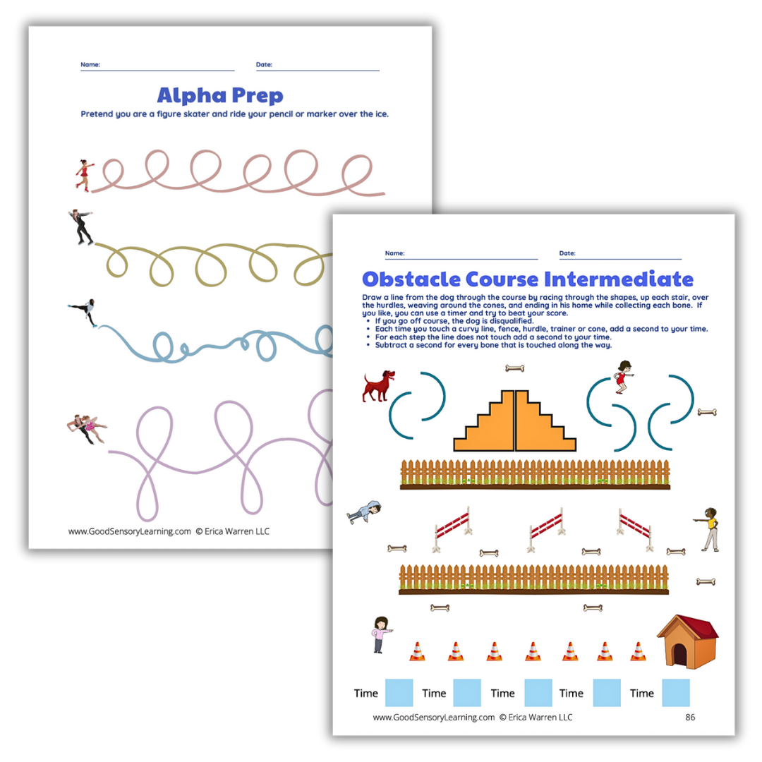 Visual motor skill worksheets featuring tracing paths and obstacle course activities designed to strengthen fine motor control, visual tracking, and hand-eye coordination.