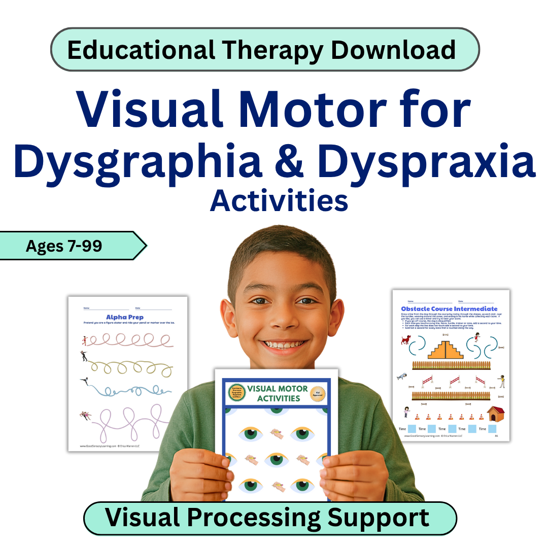 Educational therapy download for visual motor activities with a child holding a worksheet.