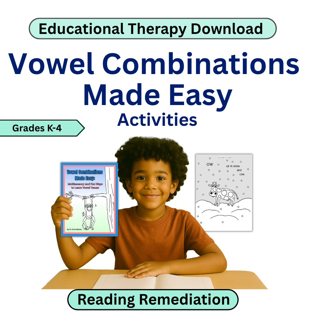Book cover of 'Vowel Combinations Made Easy Activities' with a child holding a book and educational materials.