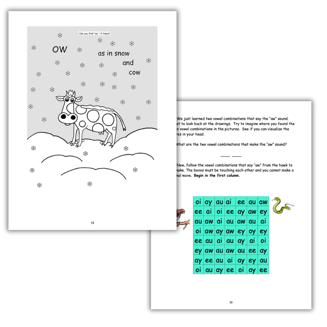 Phonics workbook pages by Dr. Erica Warren teaching vowel combinations with visual search and maze-style activities to strengthen decoding, visual discrimination, and spelling skills.