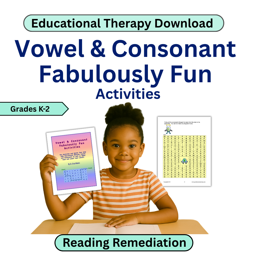 Educational therapy download for vowels and consonants with a child holding a worksheet.