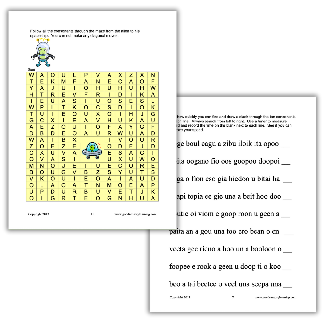 Phonics activity pages by Dr. Erica Warren featuring consonant mazes and vowel–consonant decoding exercises to strengthen visual tracking, attention, and reading accuracy.