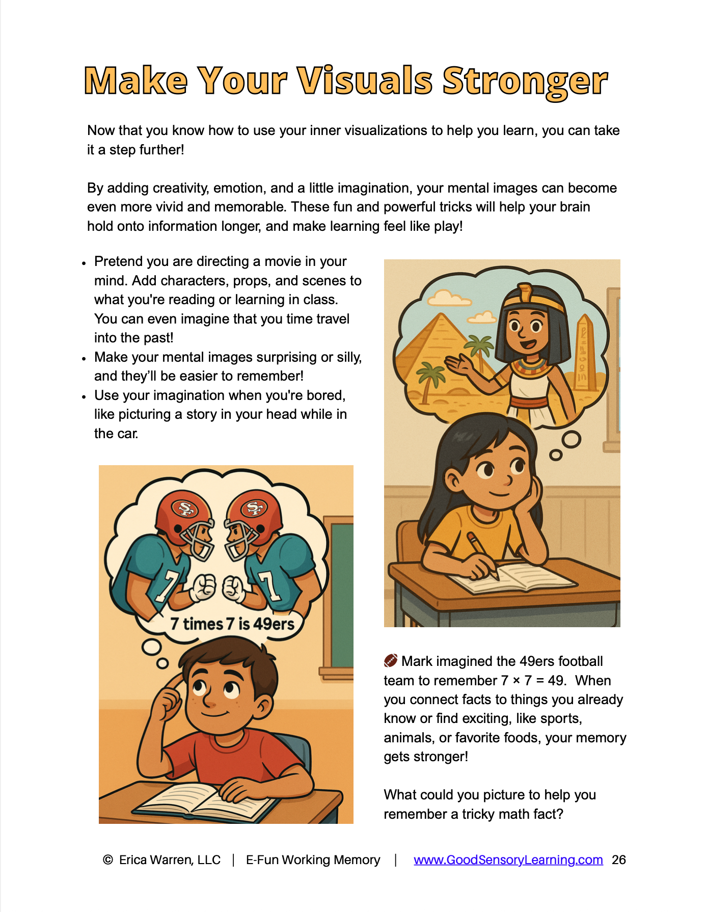 Sheet from a workbook titled 'Make Your Visuals Stronger' with illustrations and text on visual learning techniques.