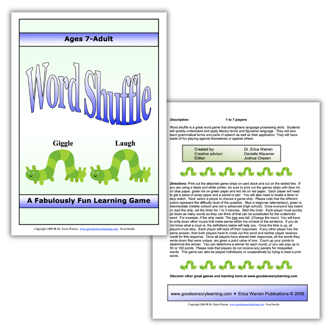 Word Shuffle language game by Dr. Erica Warren designed for ages 7 to adult to strengthen language processing, vocabulary, and flexible thinking through playful word challenges.