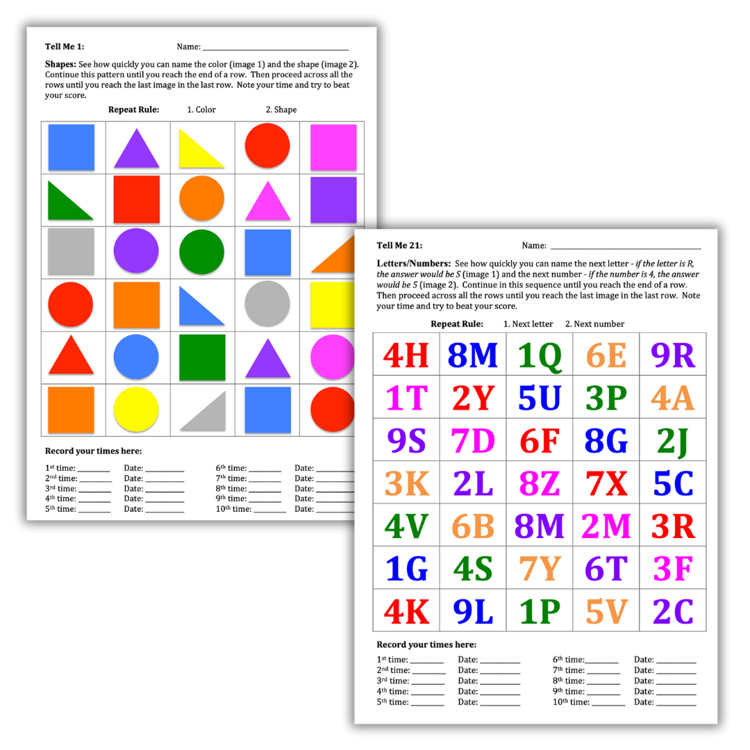 Advanced working memory activity pages by Dr. Erica Warren featuring rapid naming of colors, shapes, letters, and numbers to strengthen attention, processing speed, and cognitive flexibility.