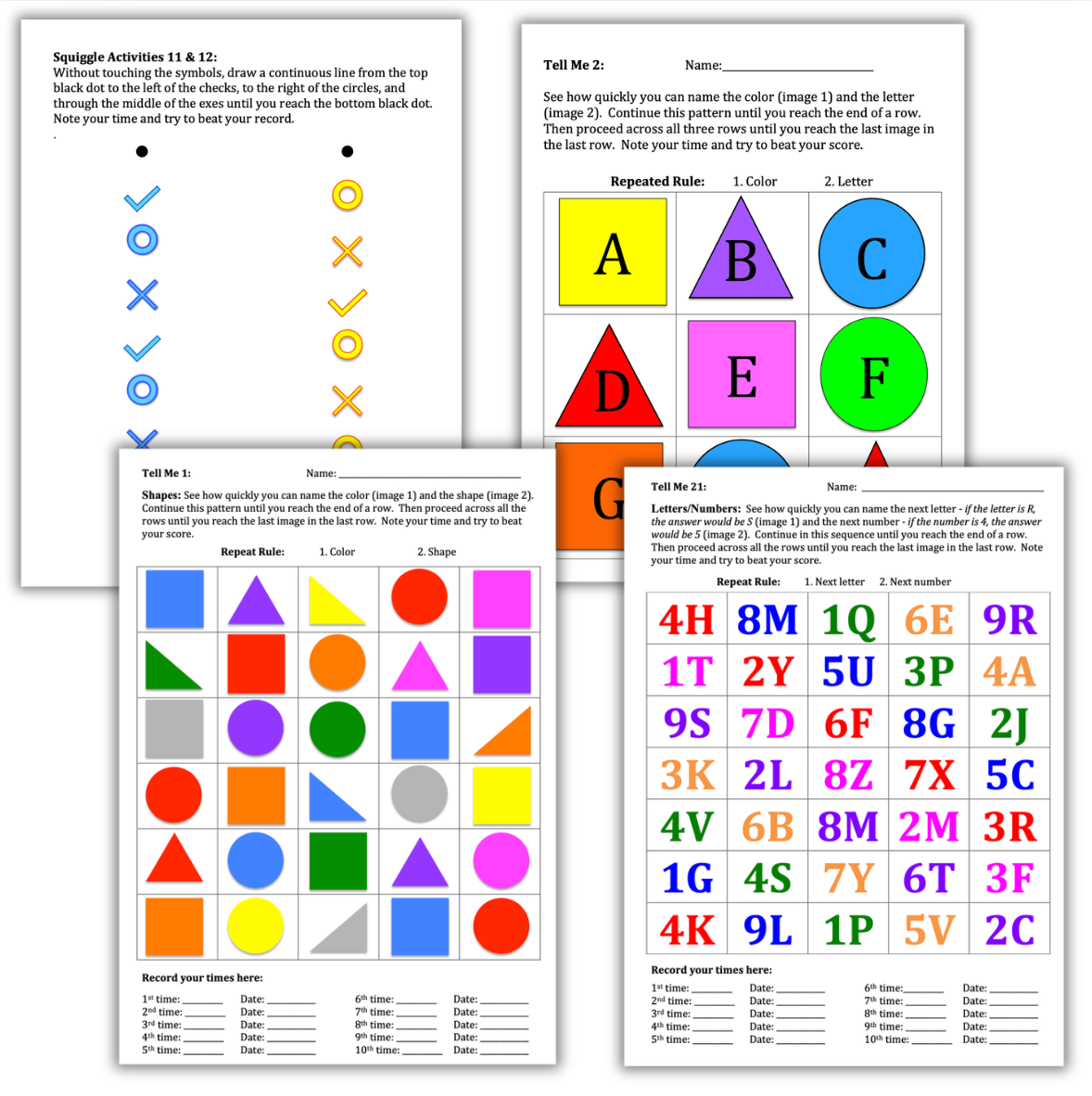 Working memory activities featuring color, shape, letter, and number naming tasks that build attention, pro