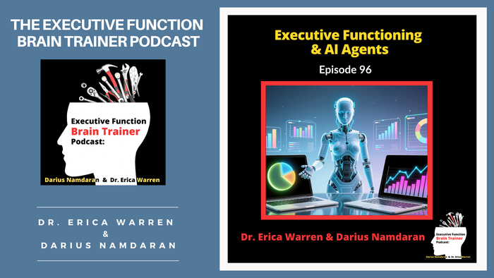 Two podcast episode covers for 'Executive Function Brain Trainer Podcast' with a robot and computer interface on a blue background.