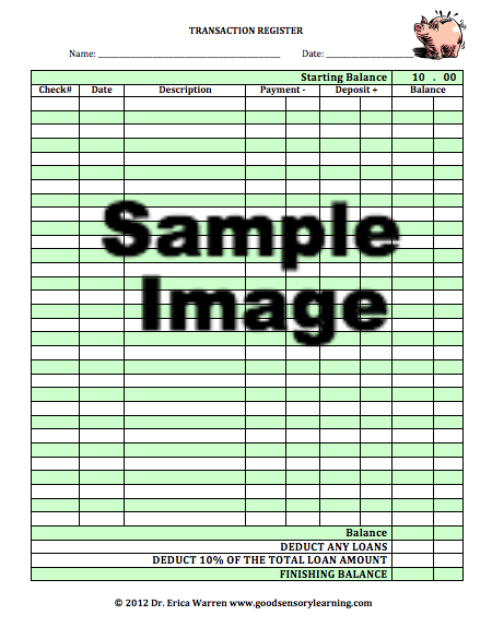 Bank register from Piggy Banking money game