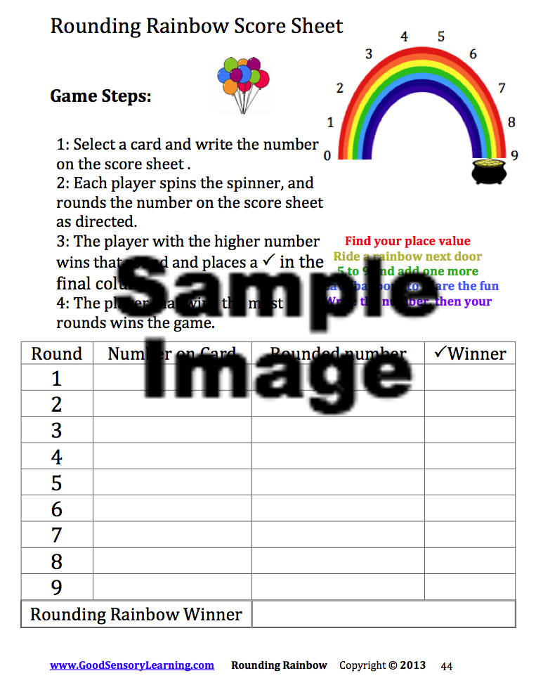 Rounding Rainbow Score sheet for game