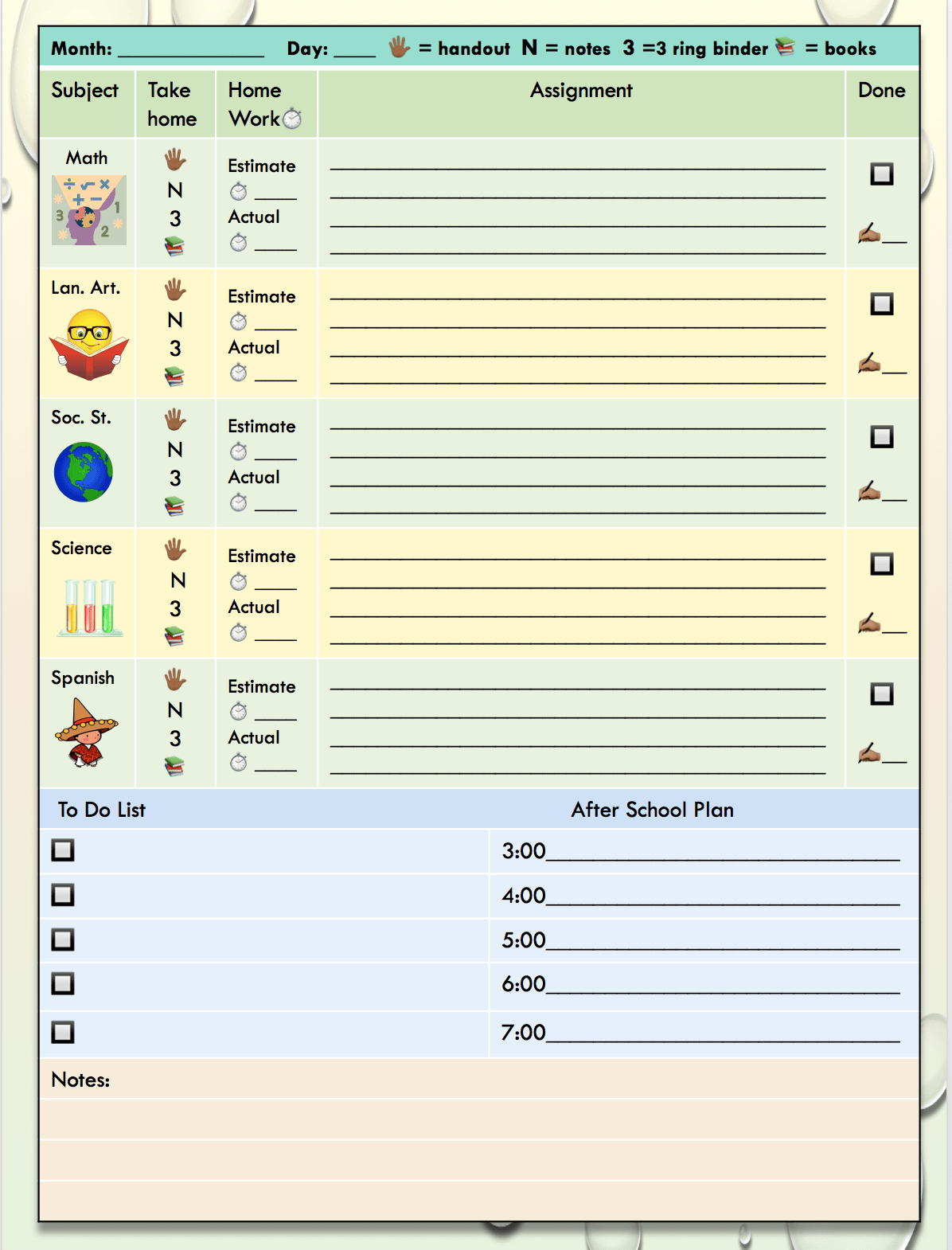 Elementary planner page