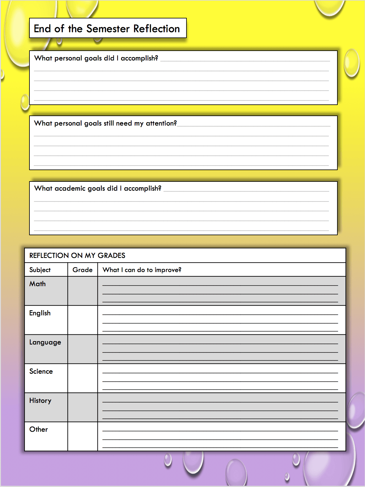 Page to record reflections on a past semester