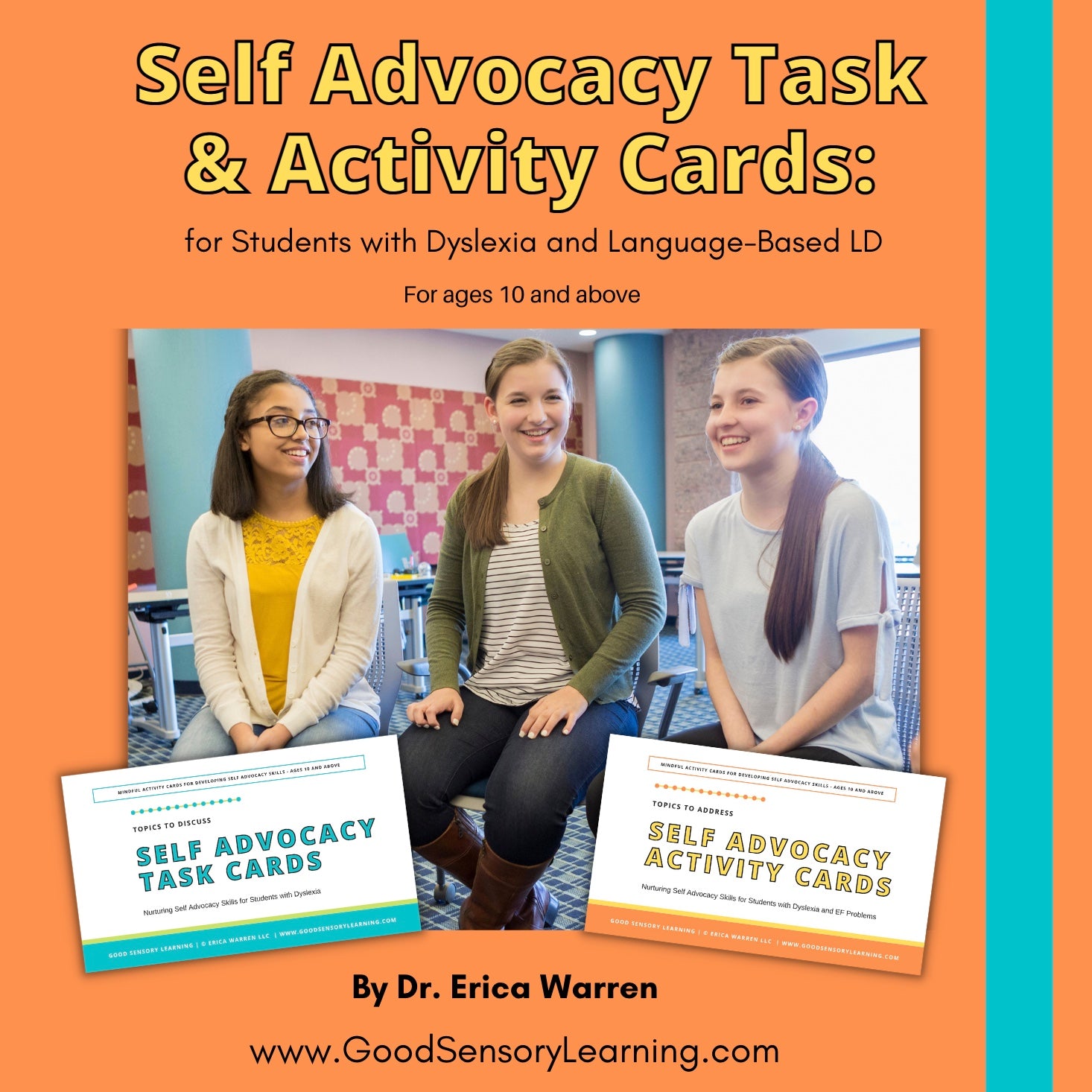 Three students sitting and smiling in a circle for the cover of self advocacy task cards