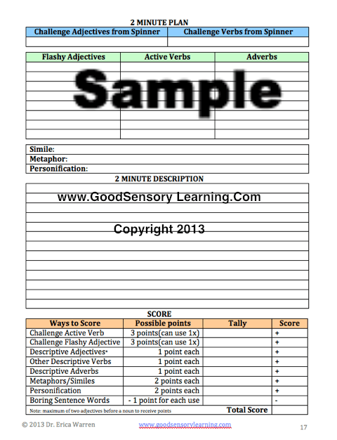 Sample score sheet for Show Don't Tell Descriptive Writing Game