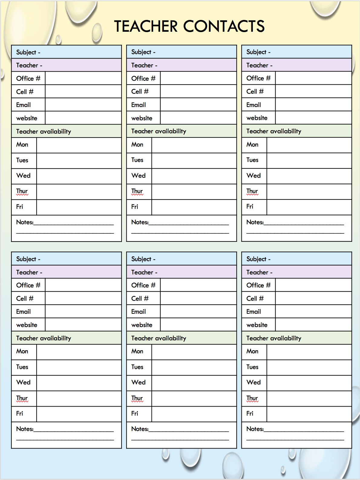 Color page for teacher contacts