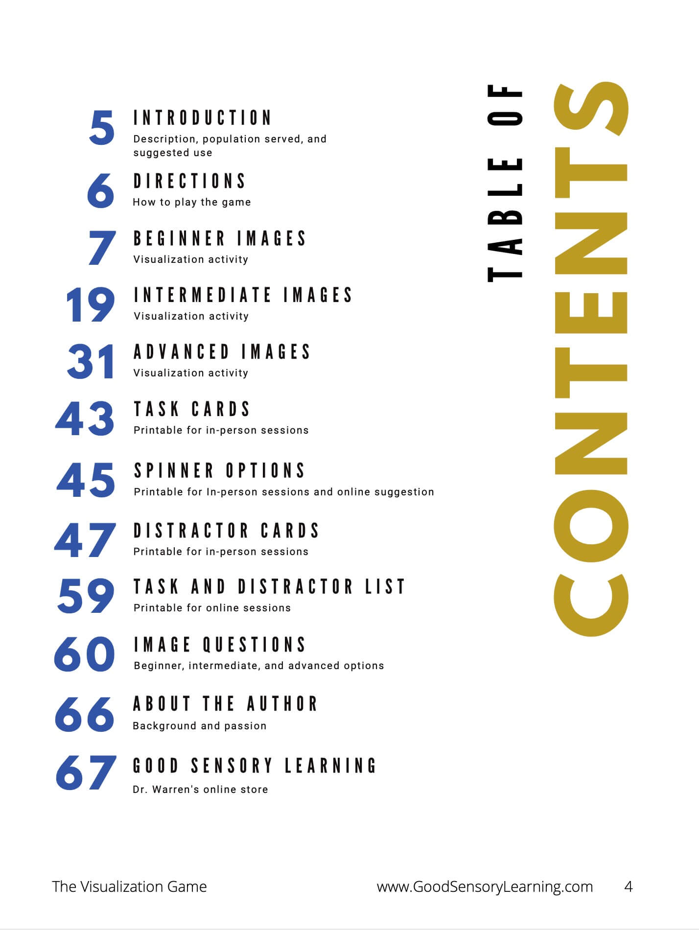Table of contents from the Visualization Game