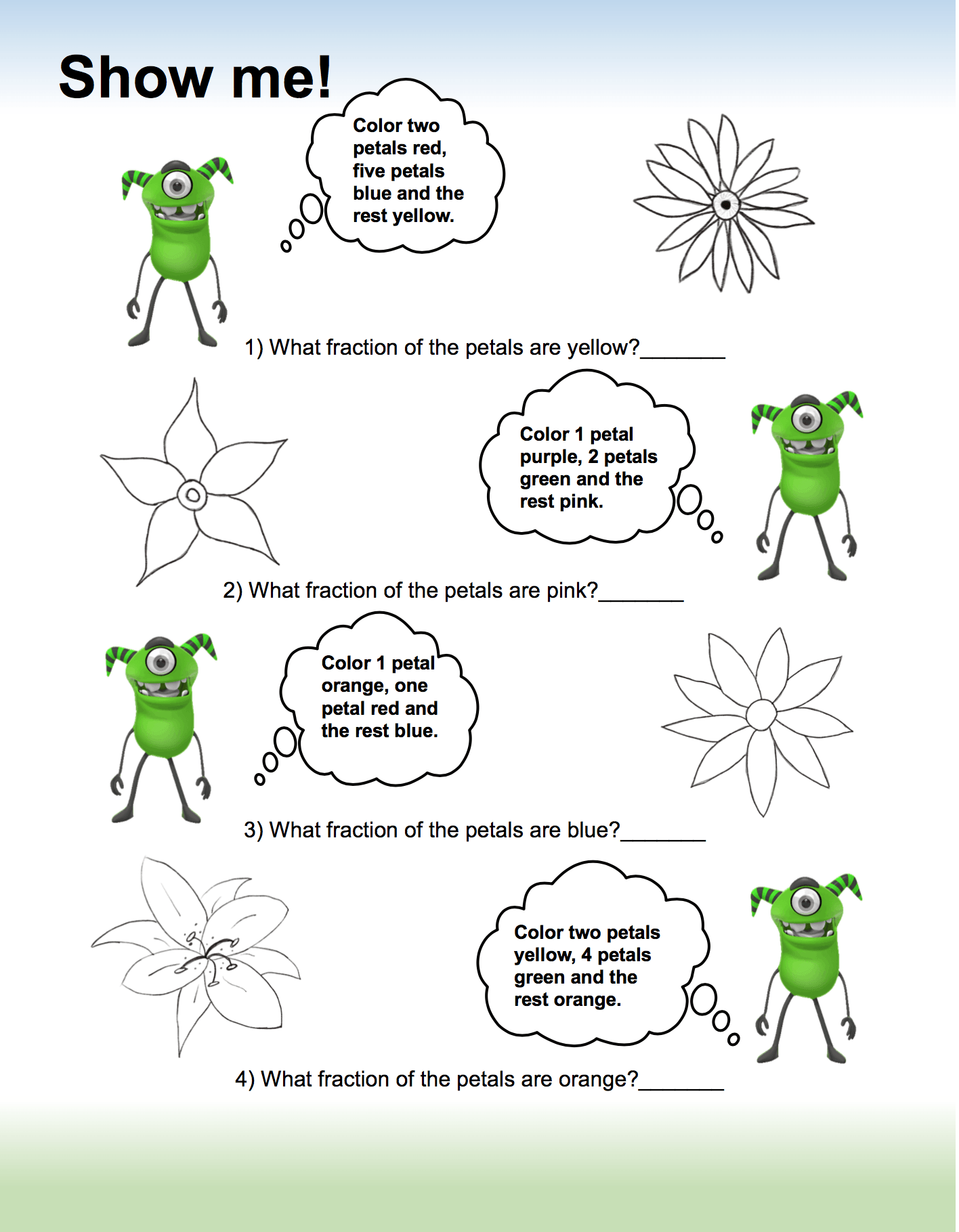 Green alien asks kids to do fun fraction coloring activity