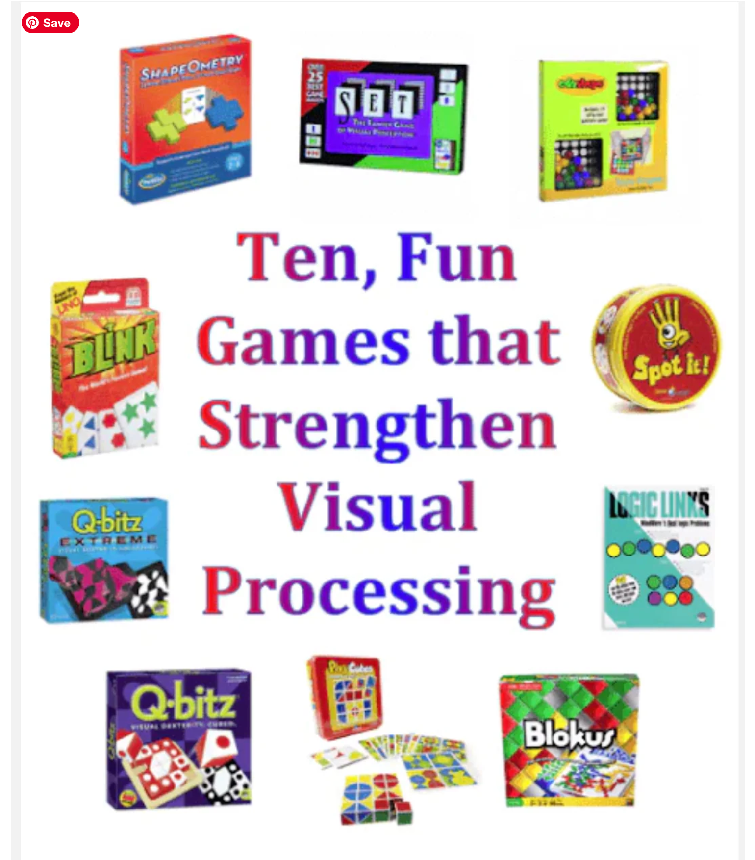 A blog image that says 10 fun games that streghten visual processing with games circling it
