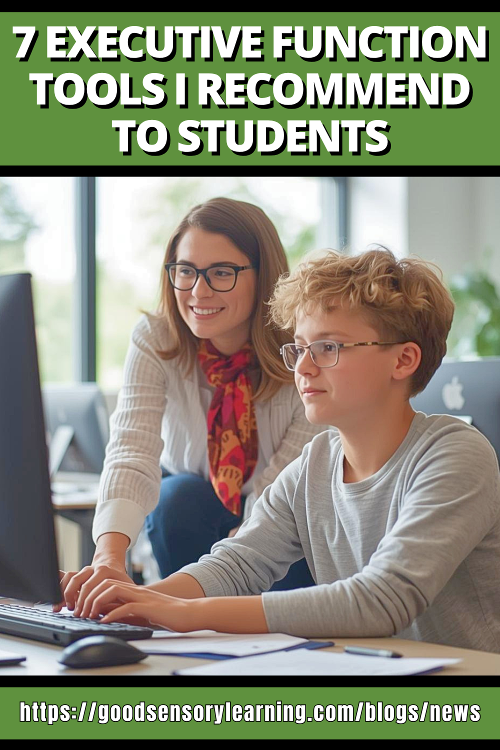 Teacher and young boy using a computer with text about executive function tools.