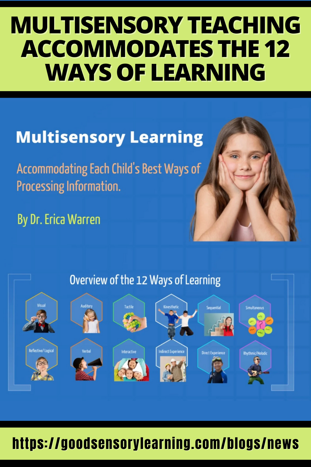 Multisensory teaching framework showing the 12 ways of learning, including visual, auditory, tactile, kinesthetic, verbal, and experiential processing by Dr. Erica Warren.