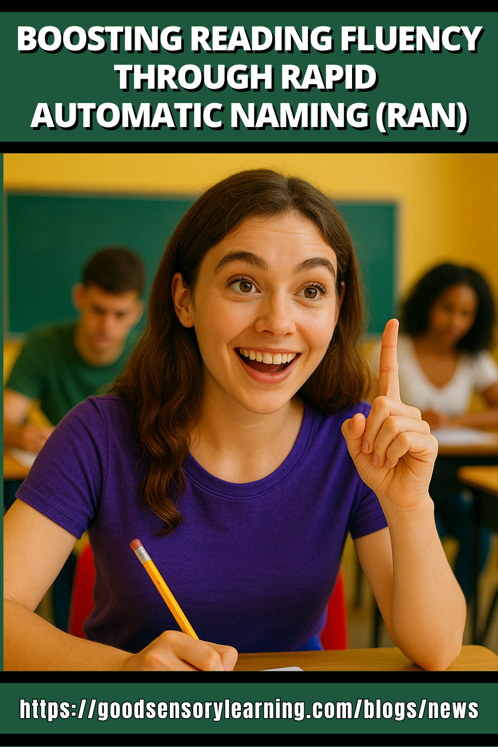 Student raising a finger with an engaged expression while writing in class, representing how rapid automatic naming (RAN) supports reading fluency.