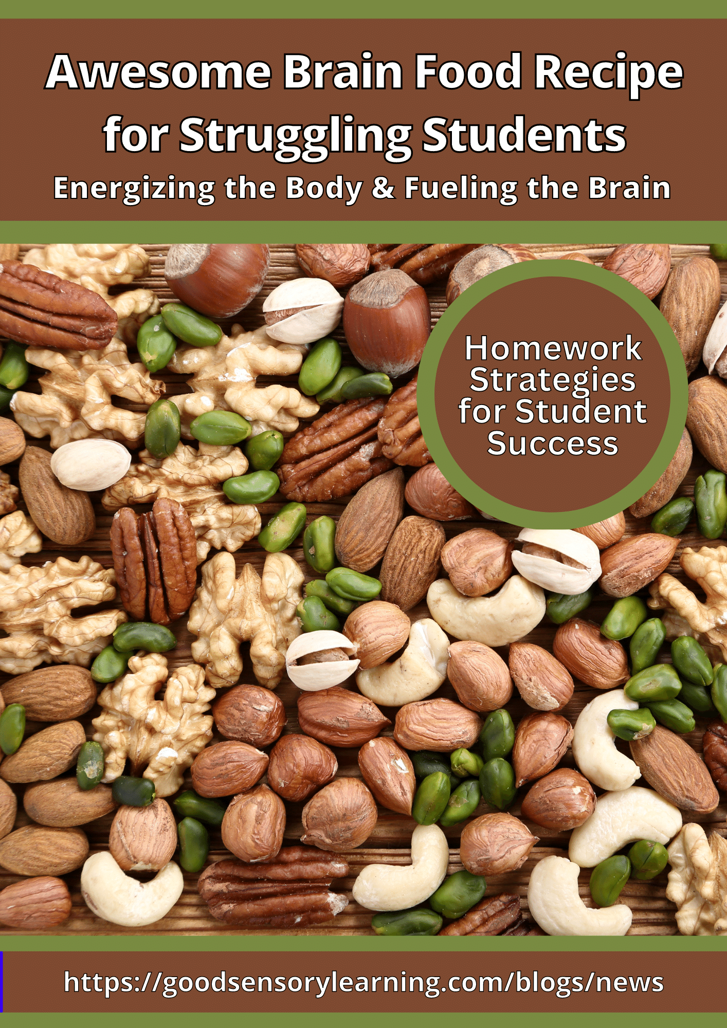 Brain food snack mix with nuts and seeds promoting focus, energy, and homework success for struggling students