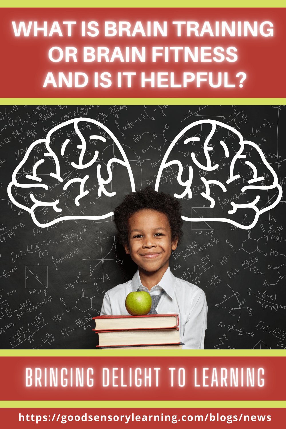 Blog image asking what brain training or brain fitness is, featuring a smiling student with books and apple beneath brain illustrations, highlighting learning, cognition, and brain growth