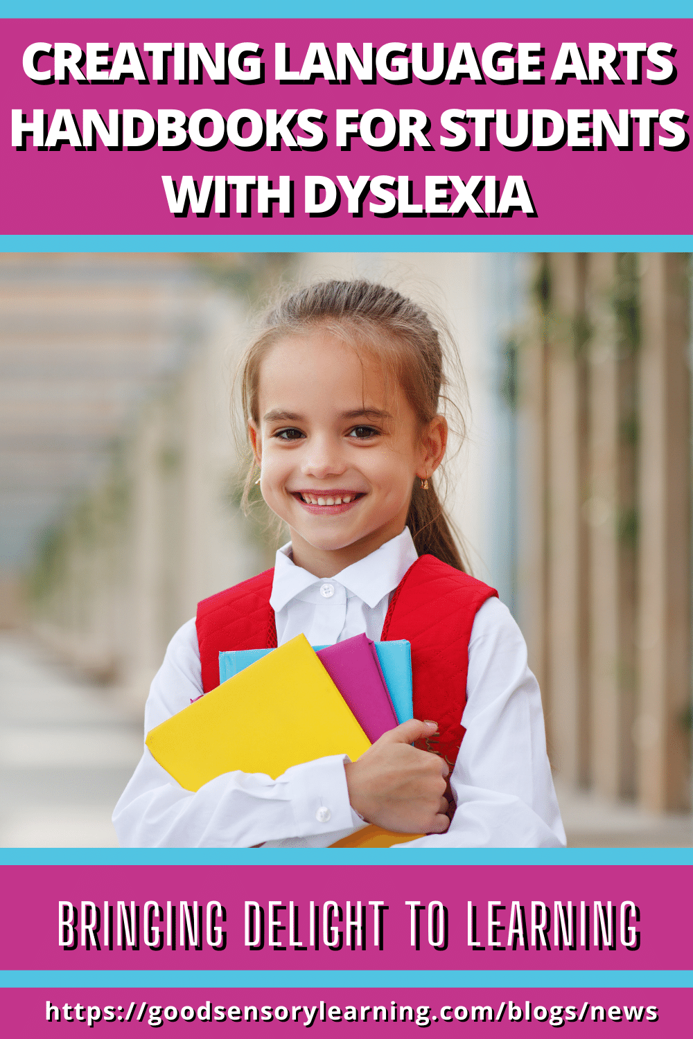 Language arts resources for students with dyslexia, featuring a smiling student holding books and engaging learning materials.