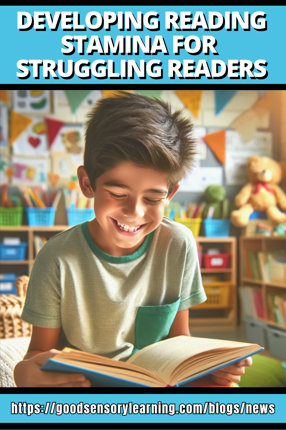 Developing reading stamina graphic showing a smiling child reading a book in a classroom, highlighting strategies to support struggling readers and build reading endurance.