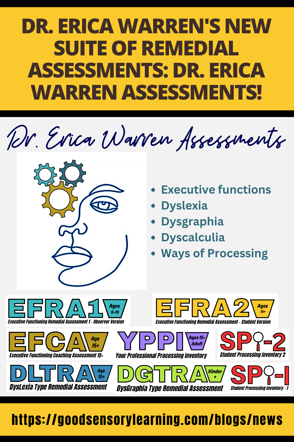 Dr. Erica Warren Assessments: a suite of remedial assessments for executive functioning, dyslexia, dysgraphia, dyscalculia, and processing styles.