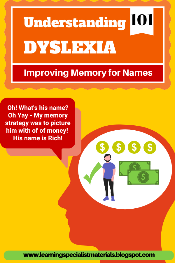 Understanding dyslexia 101 graphic illustrating a memory strategy for remembering names, showing a person visualizing money cues to support working memory and name recall.