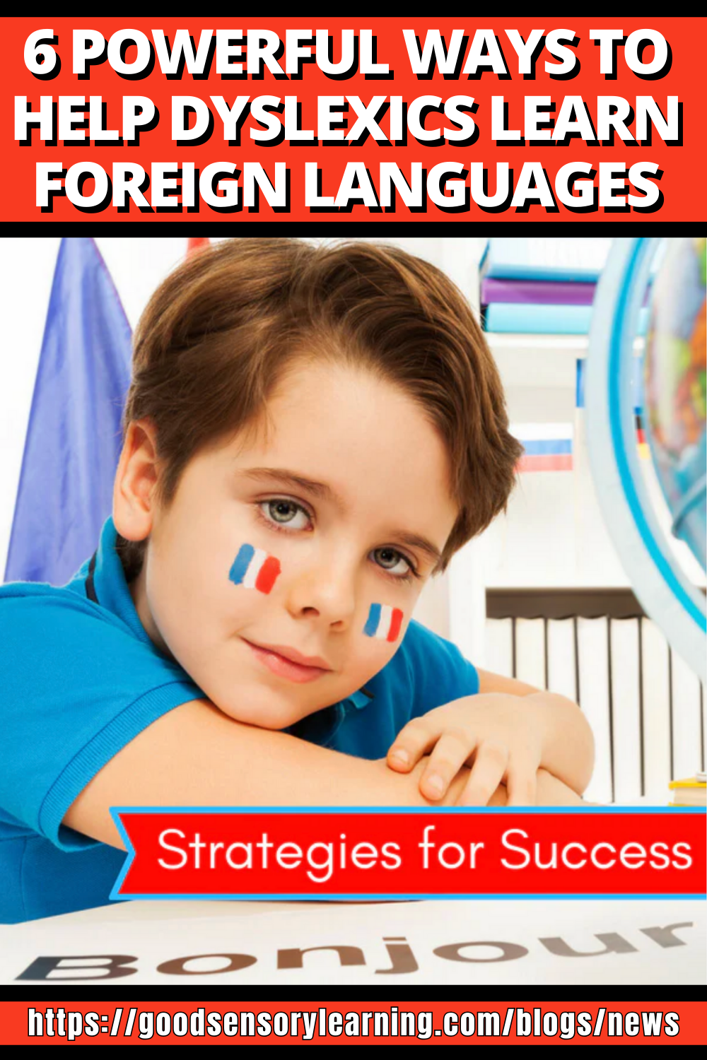 Student with face paint of the French flag resting on a desk, representing strategies that support dyslexic learners in foreign language learning.