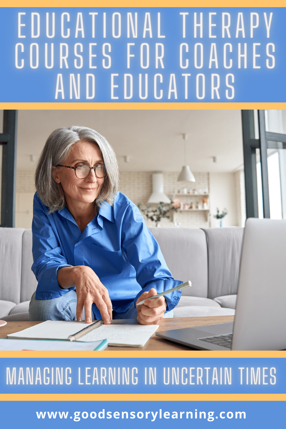 Educational therapy courses for coaches and educators, featuring a professional woman planning lessons at a laptop during online learning and professional development.