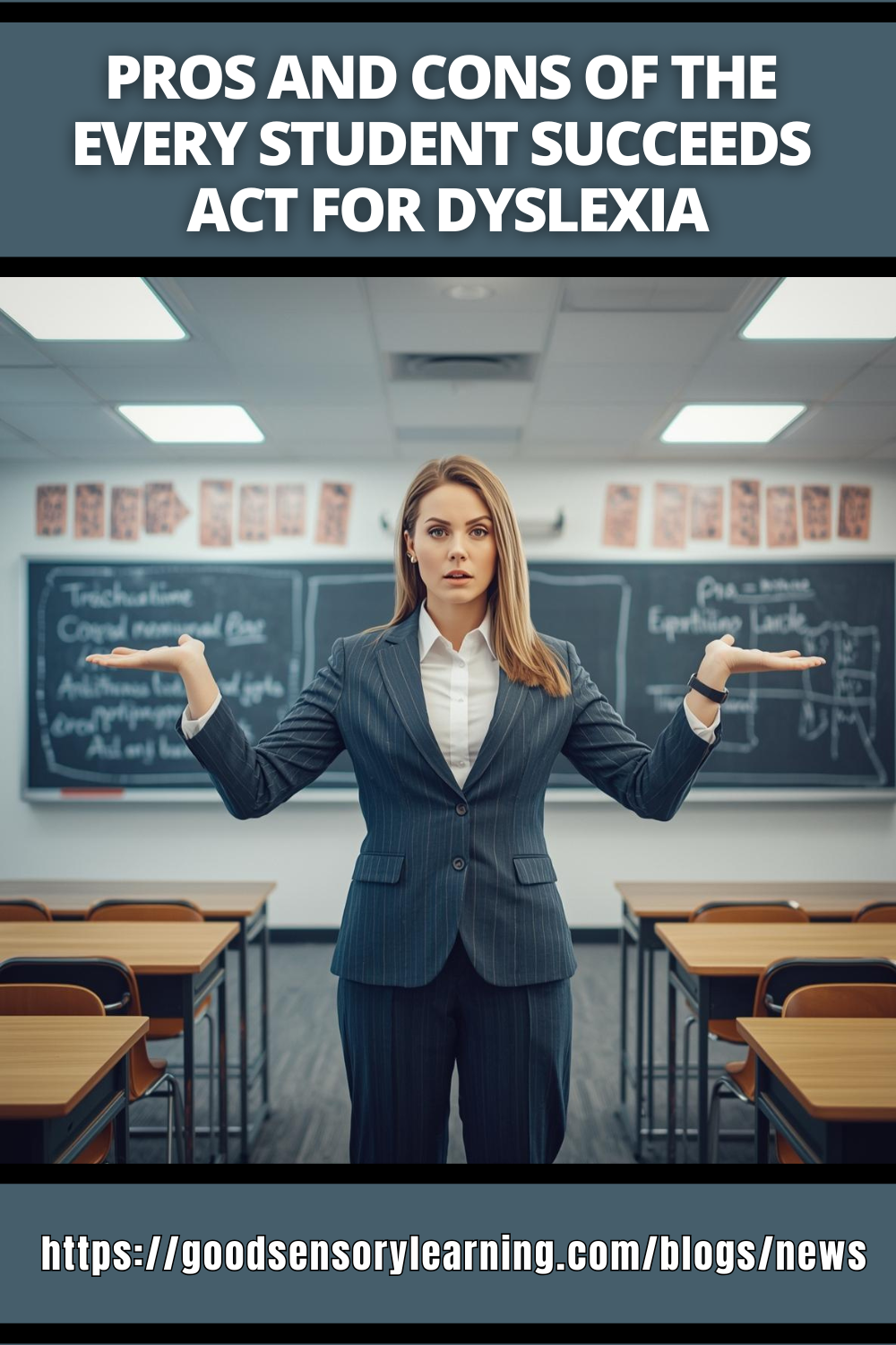 Pros and cons of the Every Student Succeeds Act for dyslexia, illustrated by an educator weighing two sides in a classroom, highlighting policy impacts on literacy support