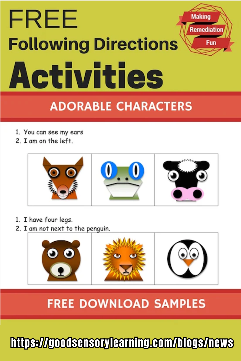 Free following directions activities with adorable animal characters for young learners