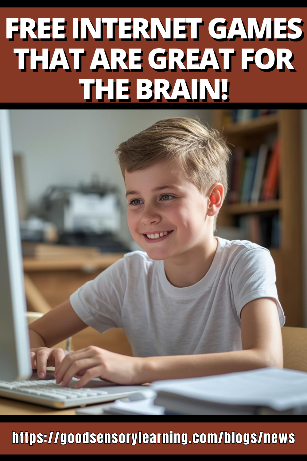 Smiling elementary-aged boy playing free online brain games on a laptop, featured in a Good Sensory Learning blog about internet games that support cognitive skills and brain development