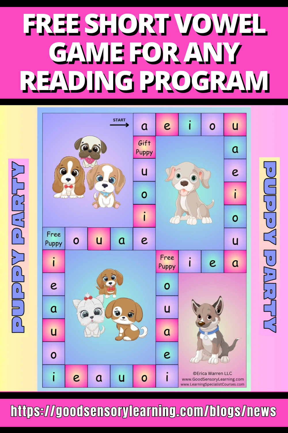 Colorful, free phonics board game featuring puppies to teach short vowel sounds (a, e, i, o, u) through playful multisensory reading activities for early learners