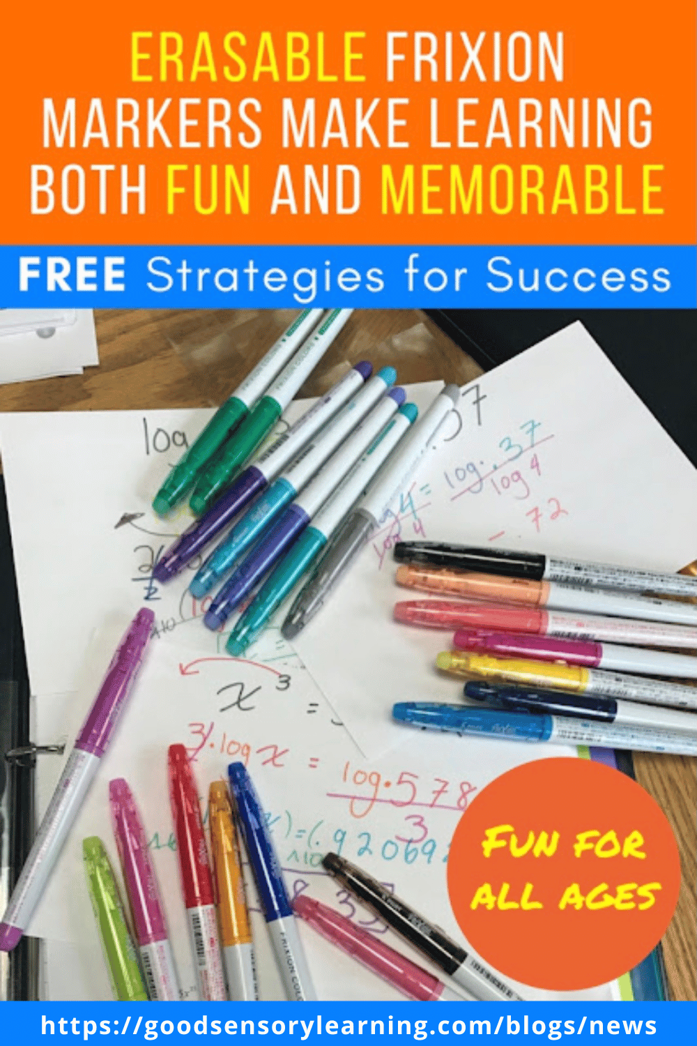 Erasable friction markers on math worksheets demonstrating a multisensory learning strategy that boosts memory, engagement, and creativity for students of all ages, featured in free educational tips from Good Sensory Learning.k