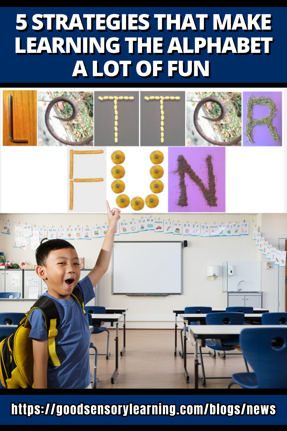 Young student excitedly pointing in a classroom with creative alphabet letters made from everyday objects, illustrating fun ways to learn the alphabet.