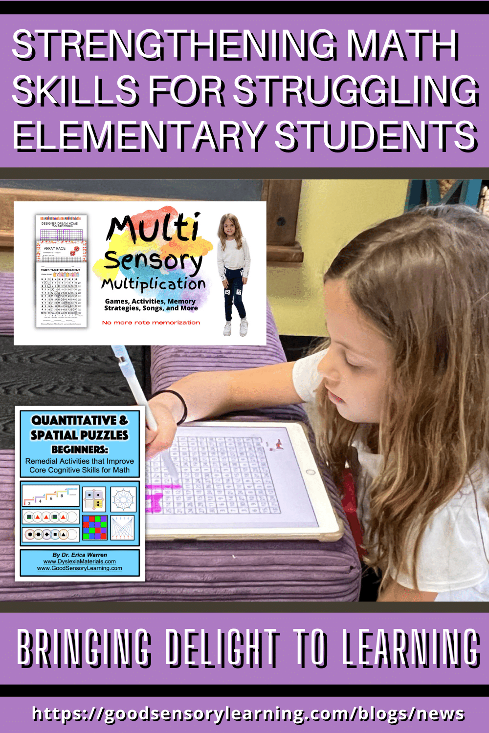 Elementary student practicing multisensory math activities on a tablet, featuring resources for strengthening math skills and supporting struggling learners.