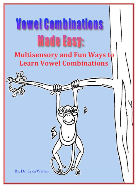 Vowel Combinations Made Easy cover featuring a playful monkey illustration, highlighting multisensory phonics strategies for learning vowel combinations