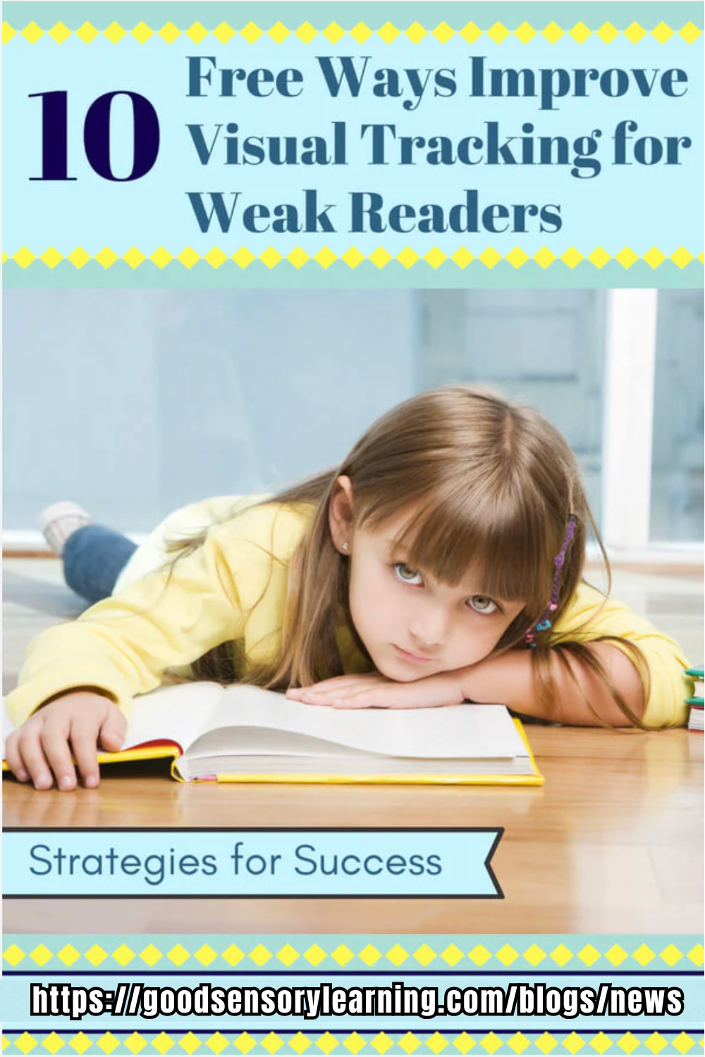 Child lying on the floor reading an open book, beneath a headline about free ways to improve visual tracking for weak readers.