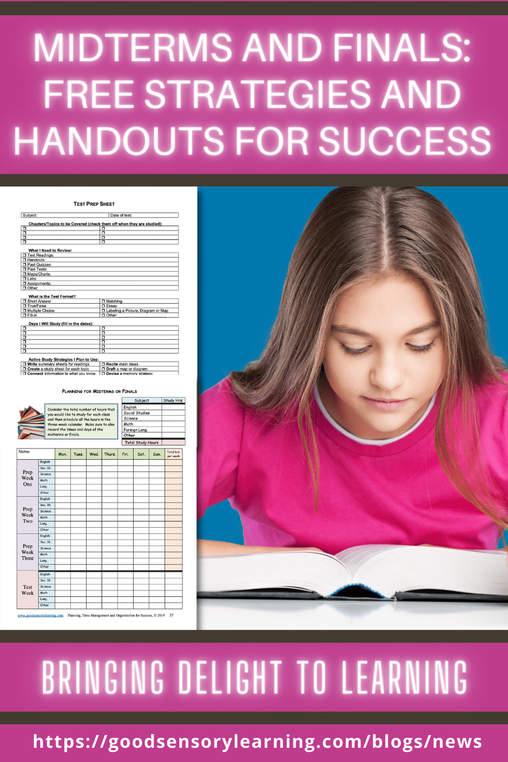 Midterms and finals study strategies with free printable handouts, showing a student reading and planning for exam success