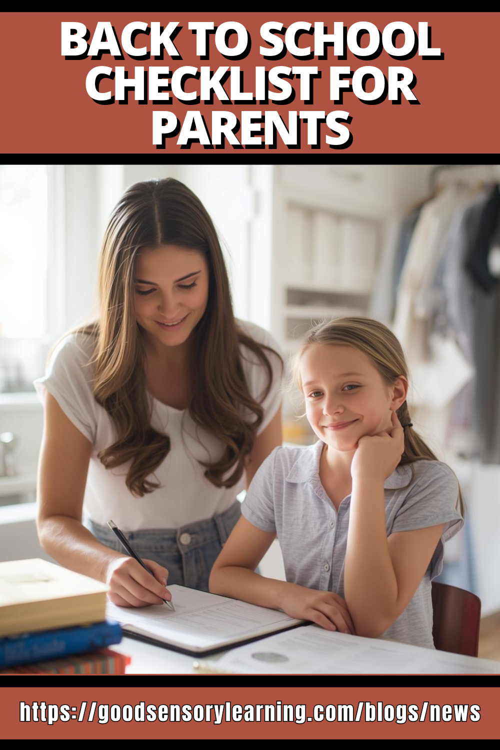 Parent and elementary-aged child sitting together at a table, reviewing a checklist or paperwork, beneath a headline about a back-to-school checklist for parents.