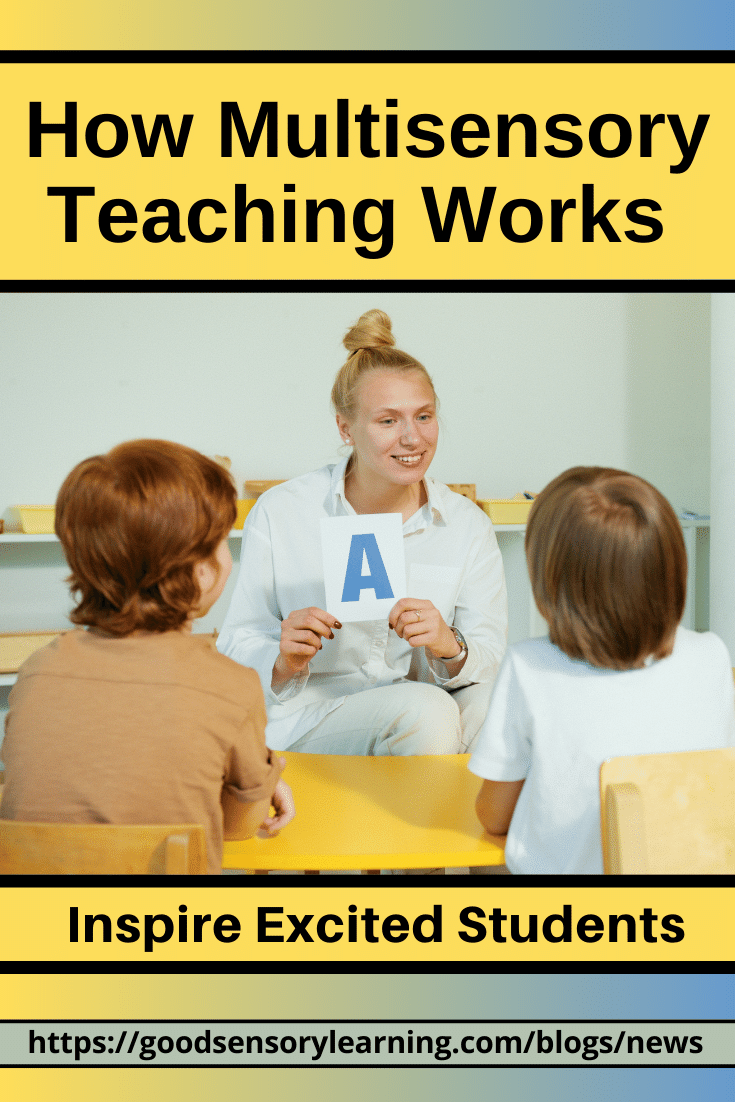 Multisensory teaching strategies graphic showing a teacher using letter cards with young students, illustrating how multisensory instruction engages learners and inspires excited students.