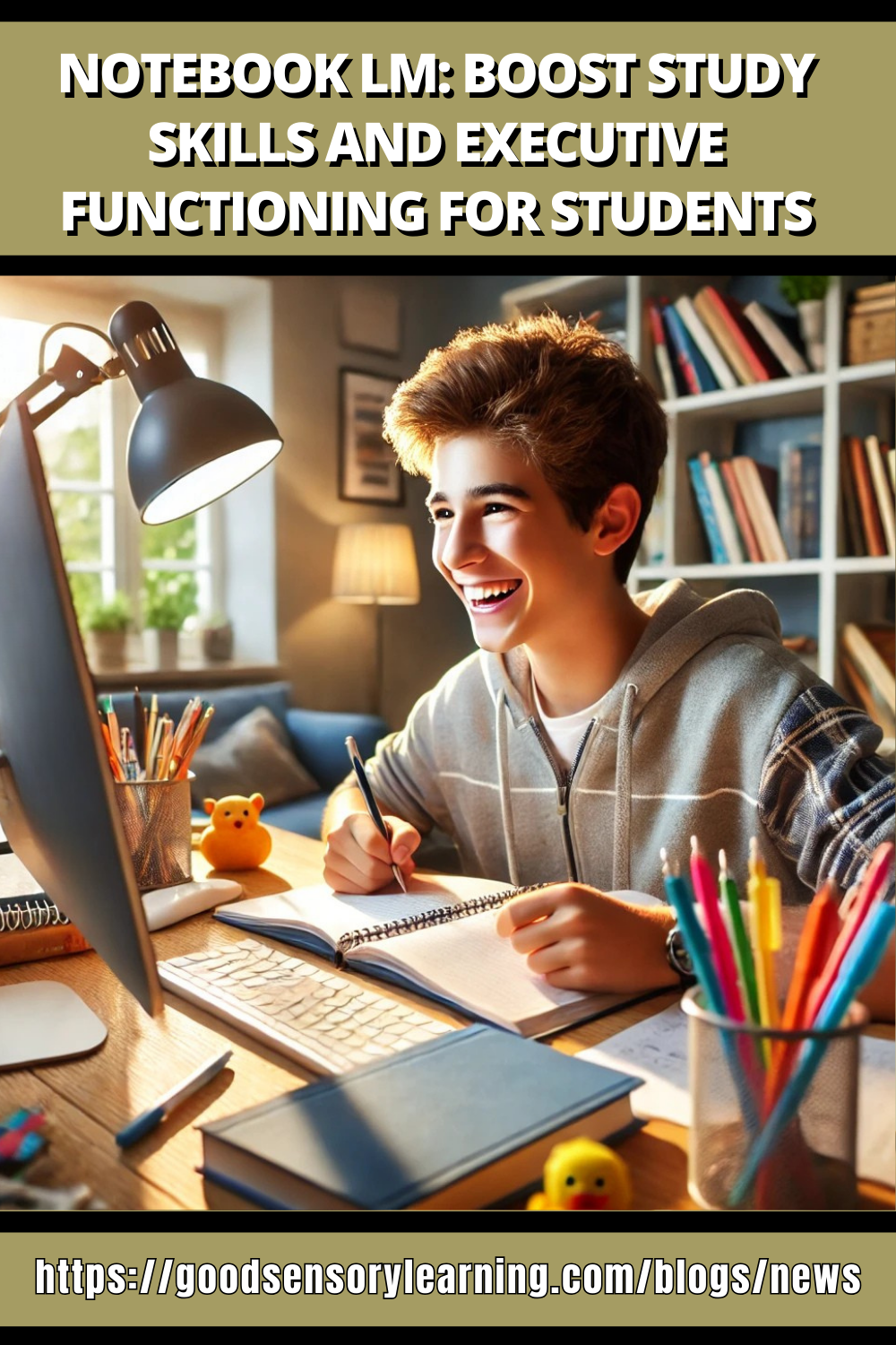 Student using Notebook LM to boost study skills and executive functioning while taking notes at a desk with books, computer, and colorful pens.