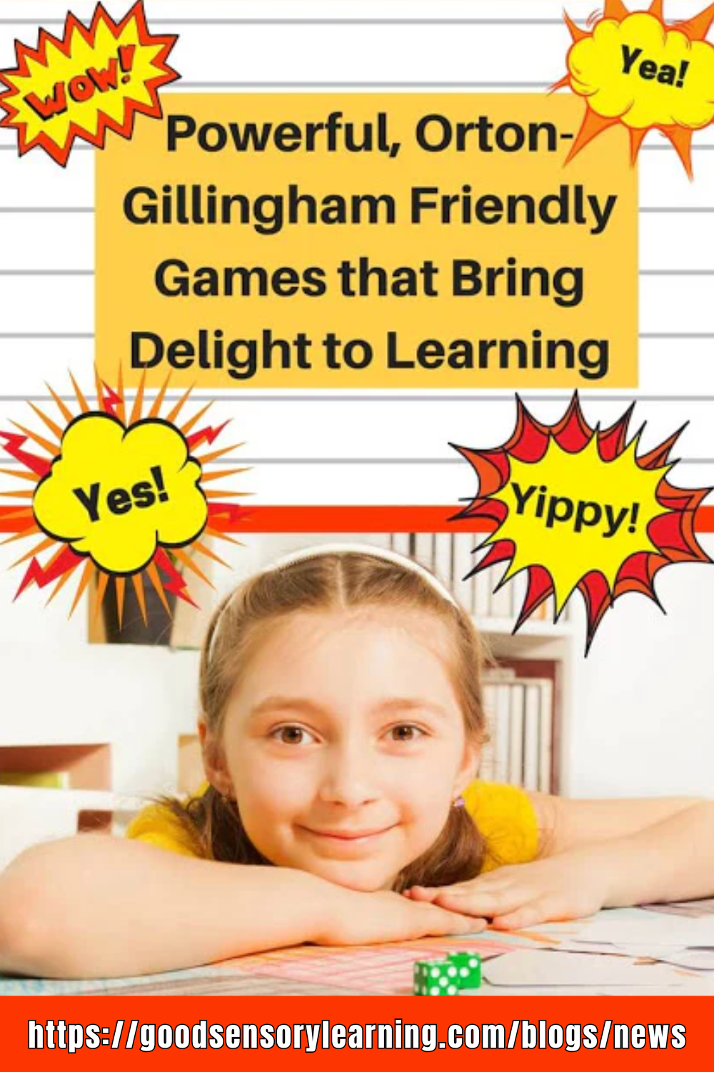 Orton-Gillingham friendly learning games graphic featuring a smiling child at a table, highlighting playful, multisensory reading games that bring delight and confidence to learning