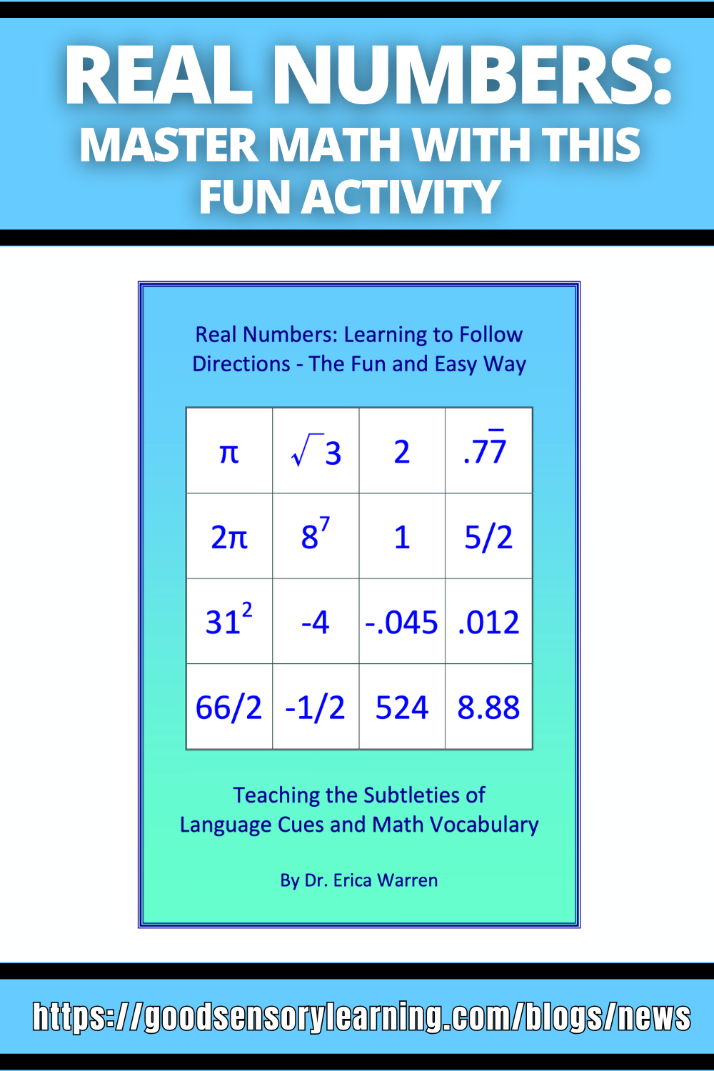 Real numbers math activity with a visual grid of integers, fractions, decimals, and irrational numbers to practice following directions