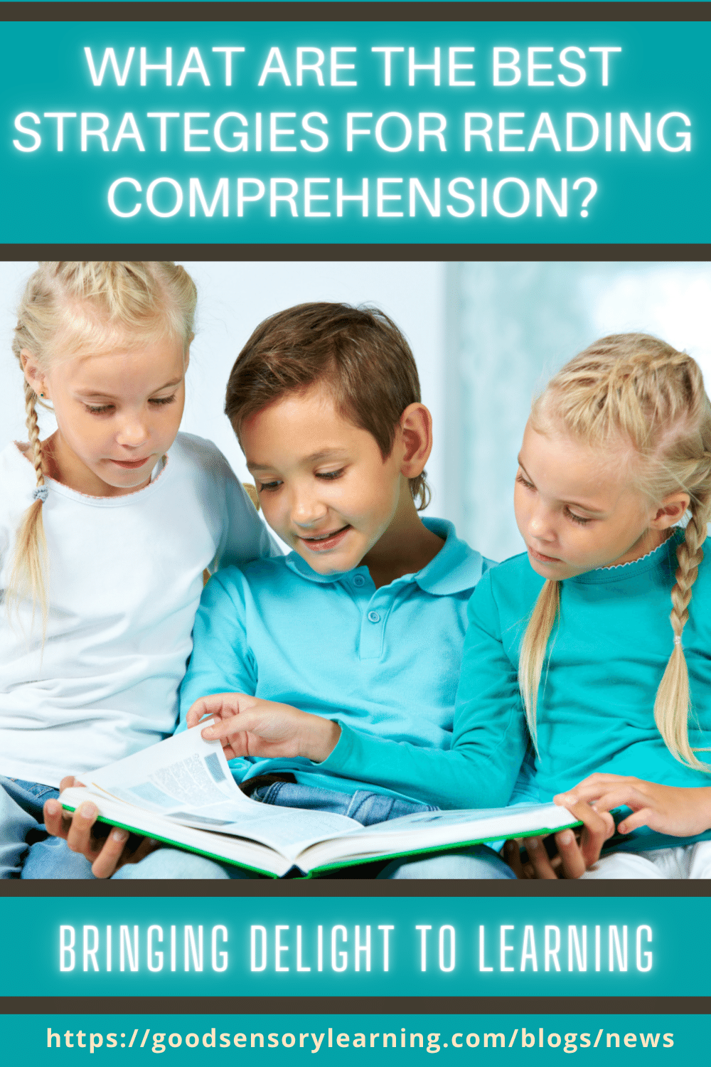 Three children reading a book together, illustrating strategies for improving reading comprehension and bringing joy and engagement to learning.
