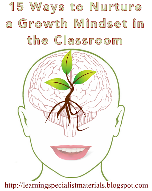 15 Ways to Nurture a Growth Mindset in the Classroom blog with an image of a brain growing and a face smiling.